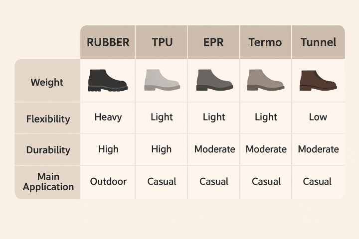 Differences Between Shoe Soles: Rubber, TPU, EPR, Termo, Tunnel